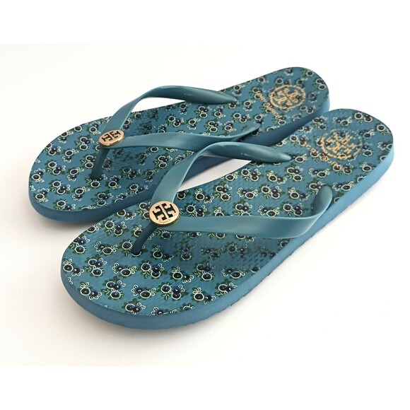 Tory Burch Flip Flops Cornflower Blue Printed Insole Gold Logo 1/2" Strap 9M - Picture 3 of 9